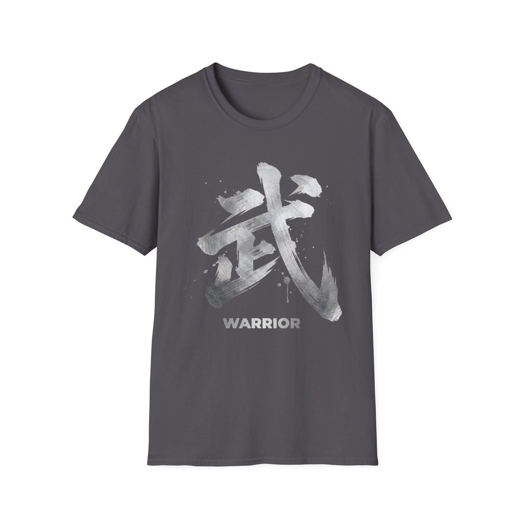 Charcoal tee flat-lay with silver brushstroke 武 calligraphy and the word 'Warrior'