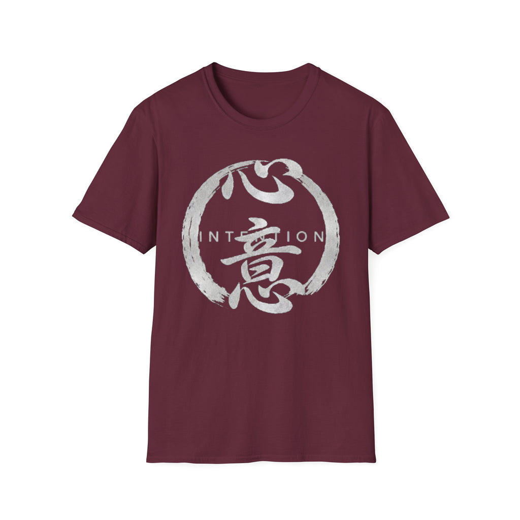 Maroon tee flat-lay with silver enso circle, 心意 calligraphy and 'INTENTION' lettering