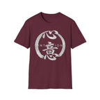 Maroon tee flat-lay with silver enso circle, 心意 calligraphy and 'INTENTION' lettering