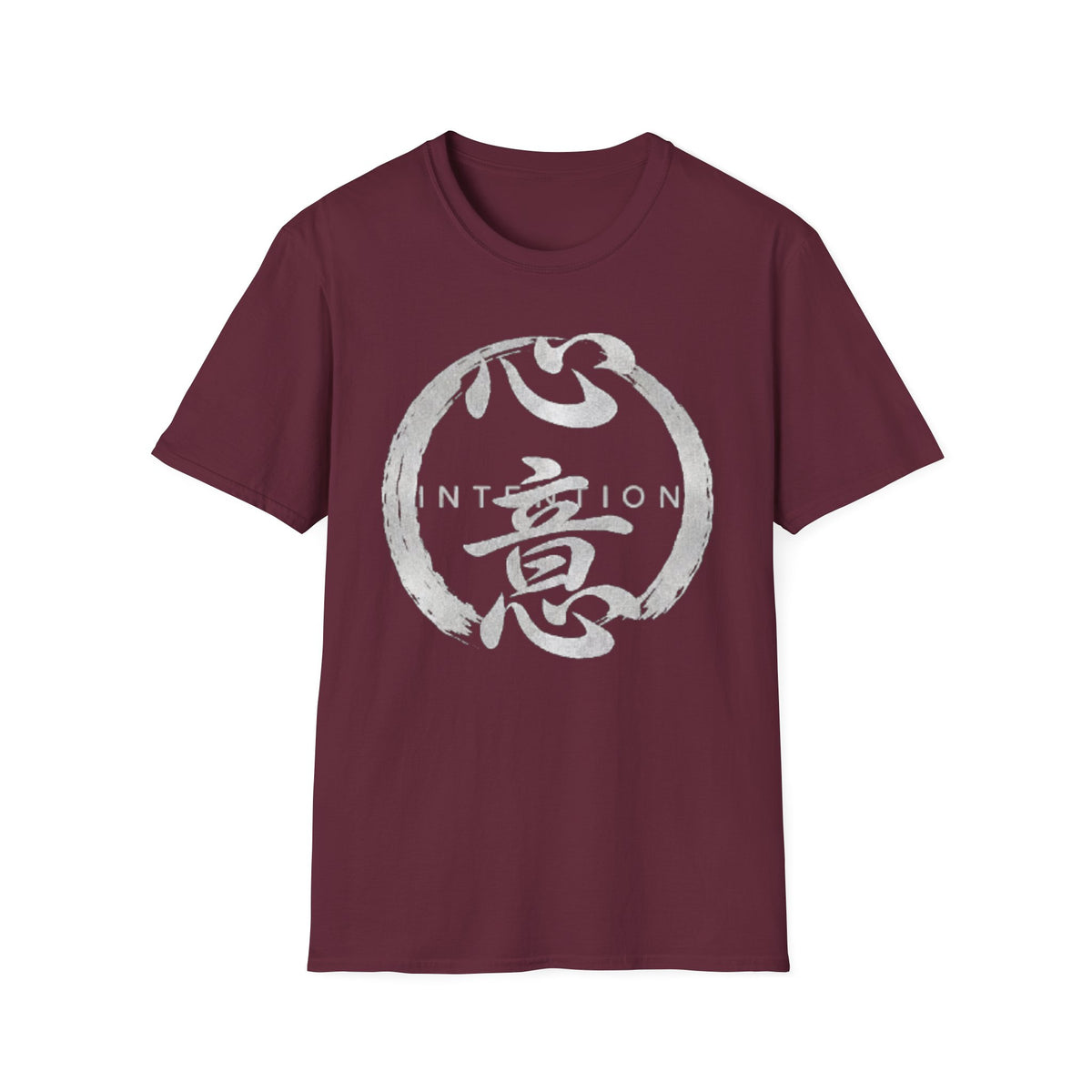 Maroon tee flat-lay with silver enso circle, 心意 calligraphy and 'INTENTION' lettering