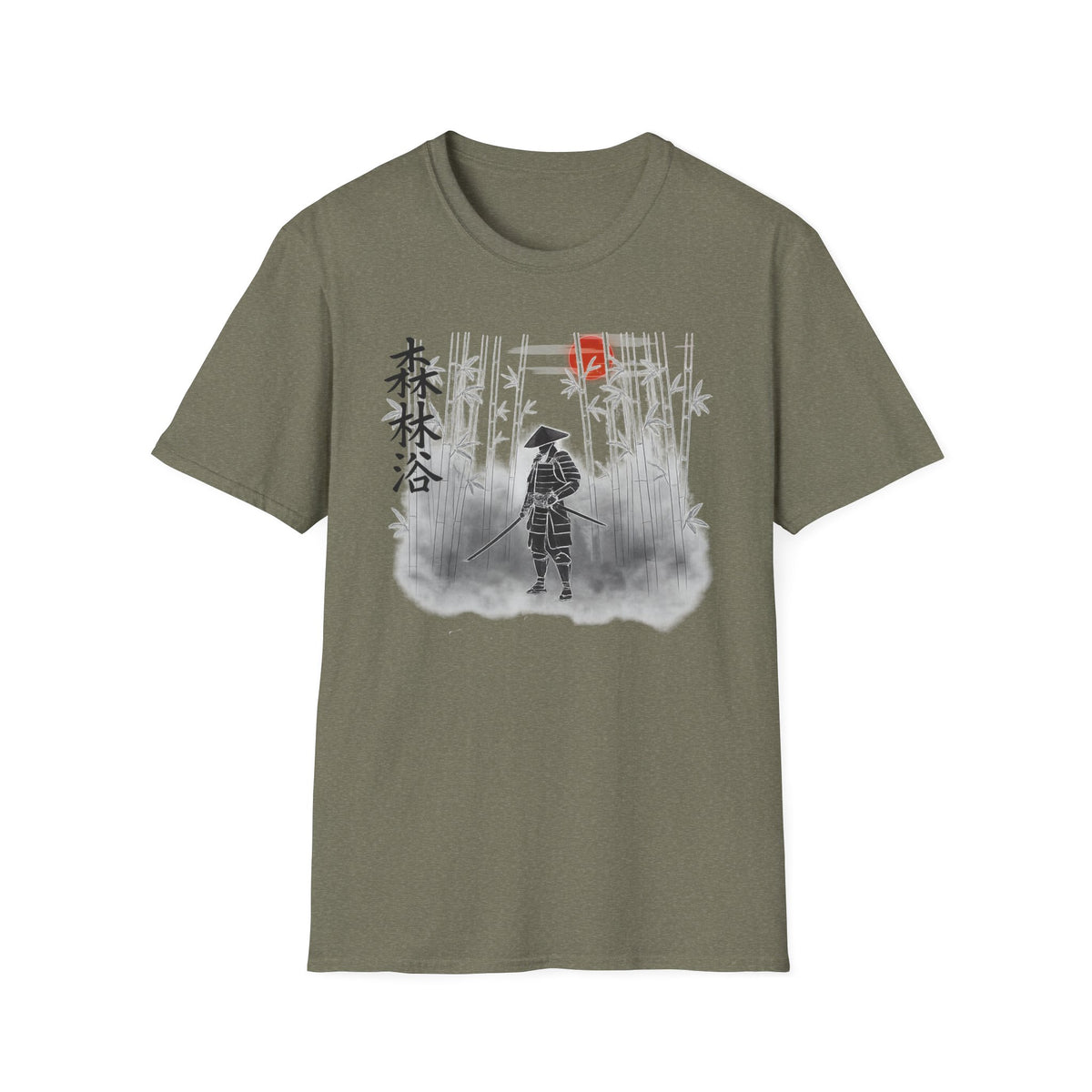 Heather Military-green tee flat-lay with samurai in a misty bamboo forest, 森林浴 written vertically and a red sun