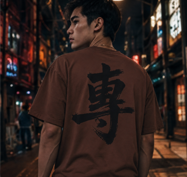 專 'Focus' calligraphy tee in chestnut brown, back view on a neon-lit street
