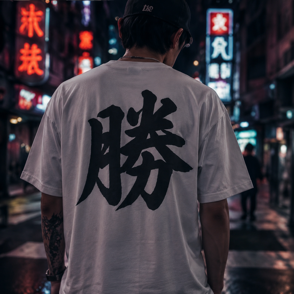 勝 'Victory' calligraphy tee in white, back view under neon signs