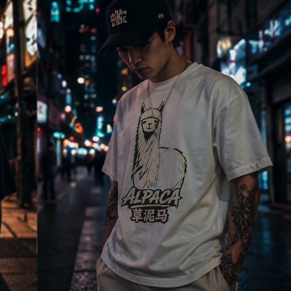 Alpaca 草泥马 graphic tee in white, worn on a neon-lit city street