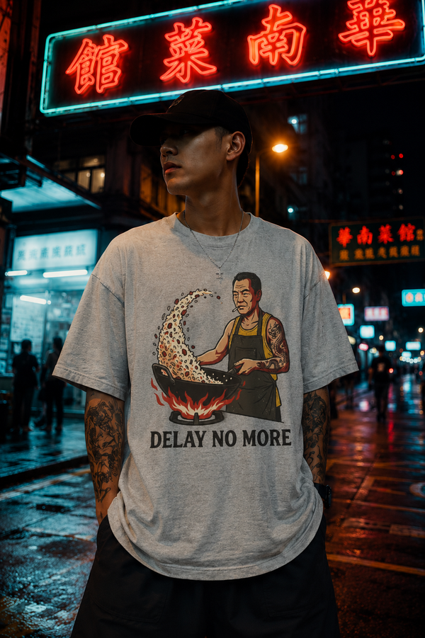 Delay No More 不再拖延 wok-chef graphic tee in heather grey on a neon street