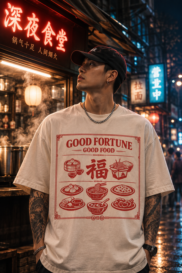 Good Fortune Good Food 福 graphic tee in cream and red, worn at a steaming street-food stall