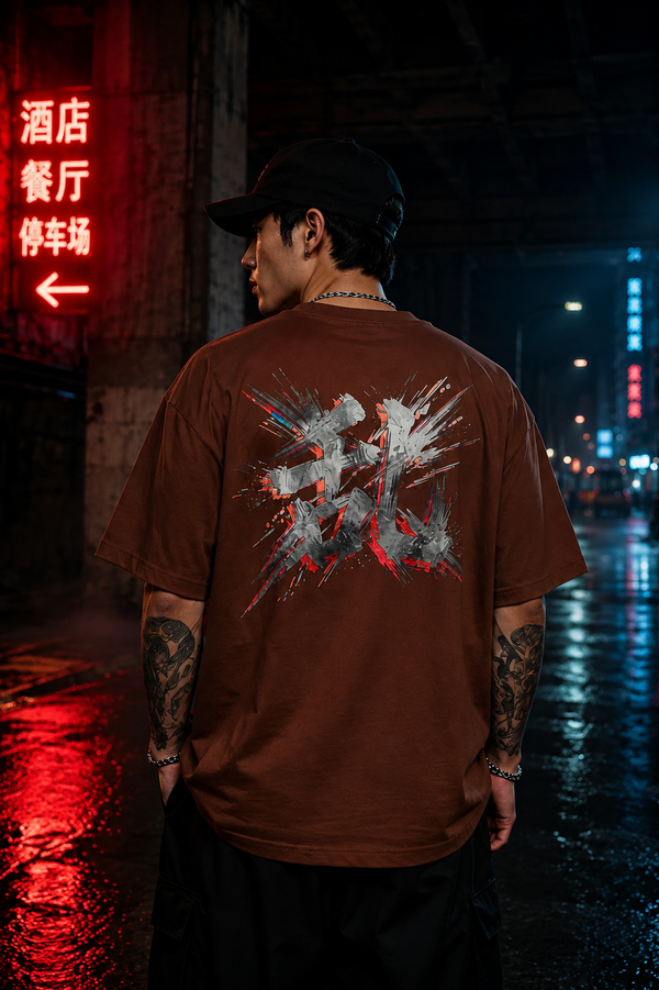 乱 'Chaos' shattered-calligraphy tee in rust brown, back view under neon signs