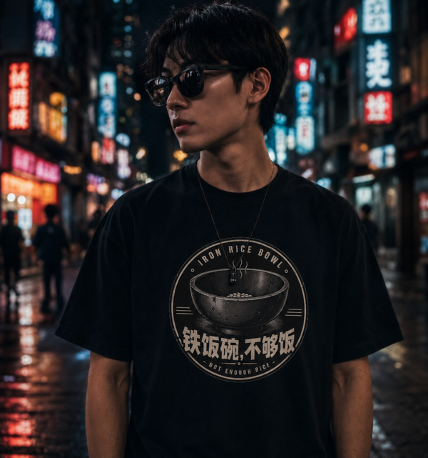 Iron Rice Bowl 铁饭碗，不够饭 black tee with vintage badge print